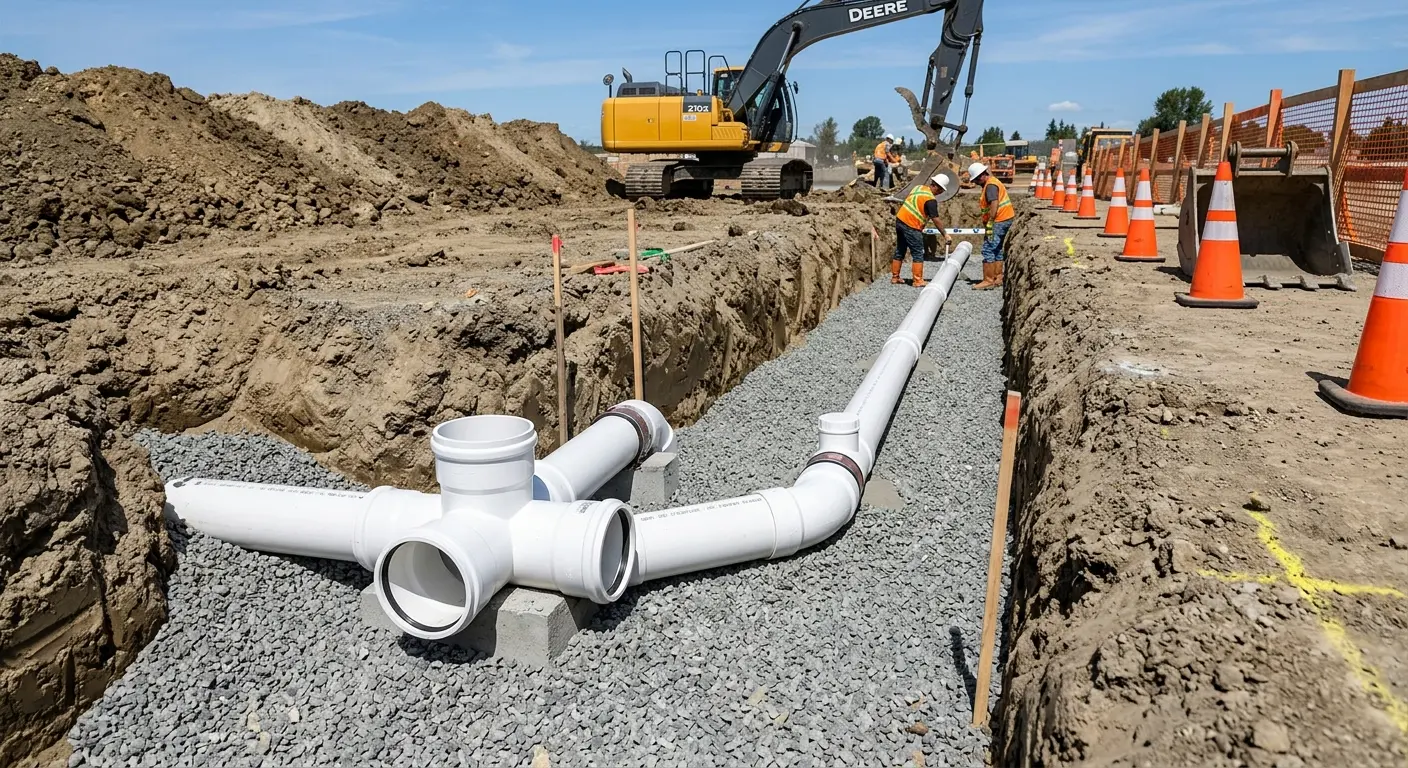 New PVC sewer pipe installation in open trench for Commercial Drain Cleaning in Maryville